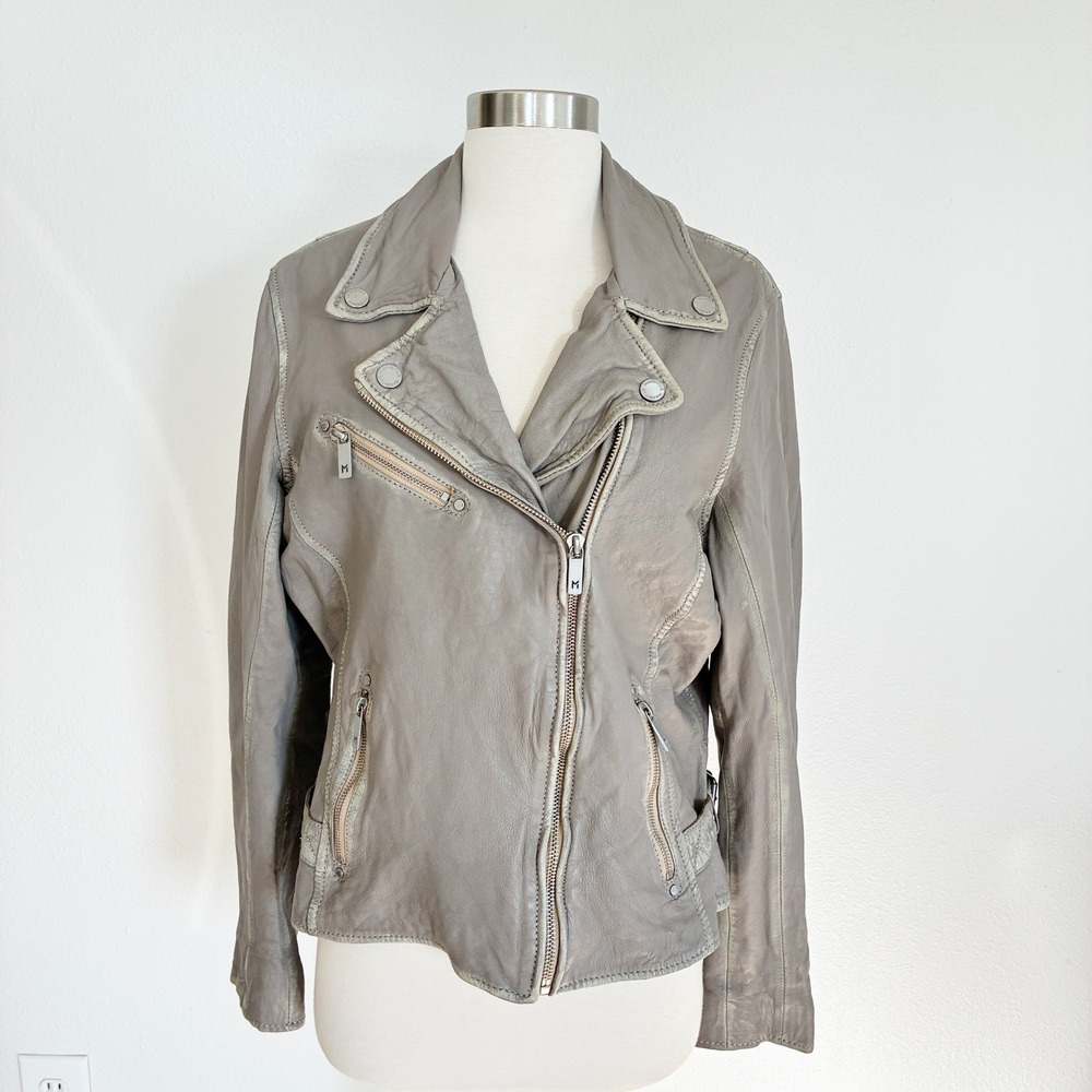 Mauritius Leather Moto Jacket Womens XL Distressed Gray Lambskin Biker Grunge